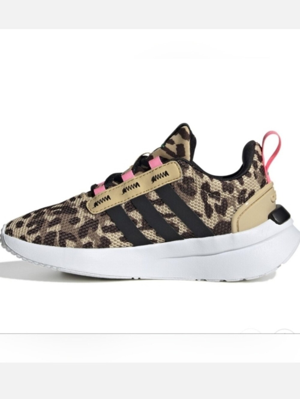 Adidas Racer TR21 sneakers featuring a brown and black leopard print pattern